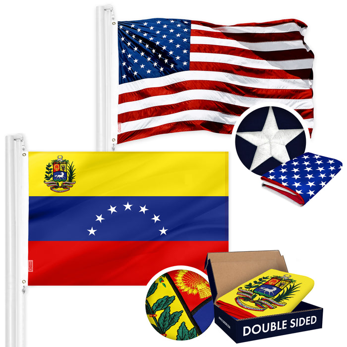 G128 Combo Pack: American USA Flag ToughWeave Series 3x5 Ft Single Sided & Venezuela 7 Stars Venezuelan Flag Double Sided 3x5 Ft Double ToughWeave Series | Both Embroidered Polyester, Brass Grommets