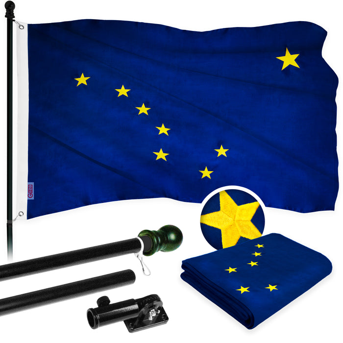 G128 Combo Pack: 5 Ft Tangle Free Aluminum Spinning Flagpole (Black) & Alaska AK  2x3 Ft, ToughWeave Series Embroidered 300D Polyester | Pole with Flag Included
