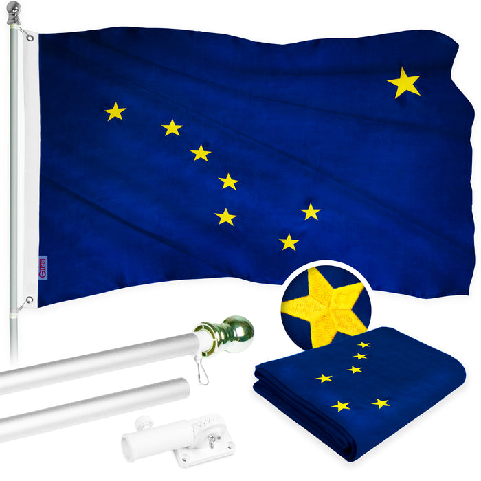 G128 Combo Pack: 5 Ft Tangle Free Aluminum Spinning Flagpole (Silver) & Alaska AK  2x3 Ft, ToughWeave Series Embroidered 300D Polyester | Pole with Flag Included
