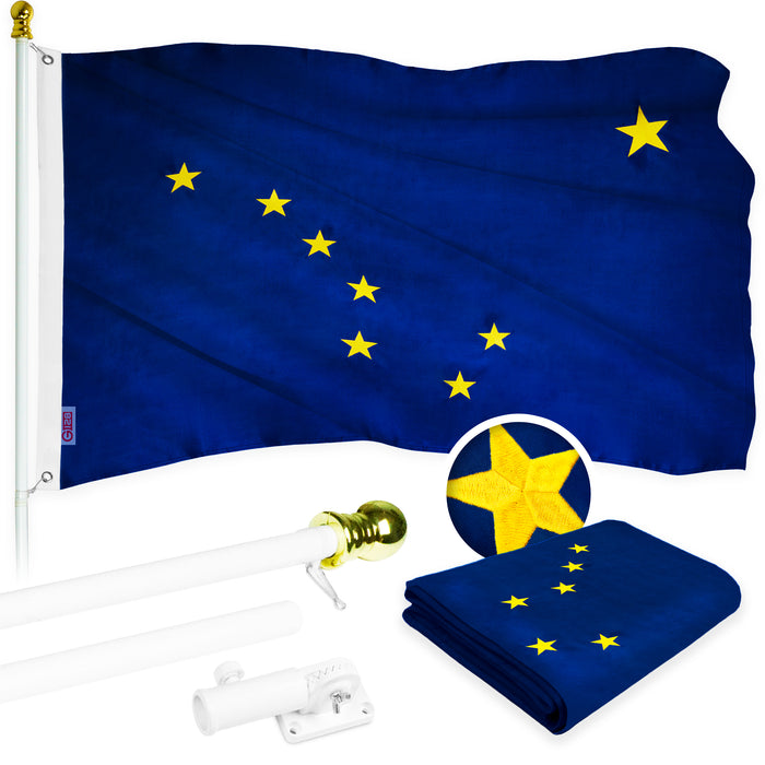 G128 Combo Pack: 5 Ft Tangle Free Aluminum Spinning Flagpole (White) & Alaska AK  2x3 Ft, ToughWeave Series Embroidered 300D Polyester | Pole with Flag Included