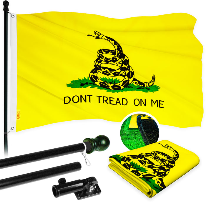 G128 - 5 Feet Tangle Free Spinning Flagpole (Black) Gadsden Flag Brass Grommets Embroidered 2x3 ft (Flag Included) Aluminum Flag Pole
