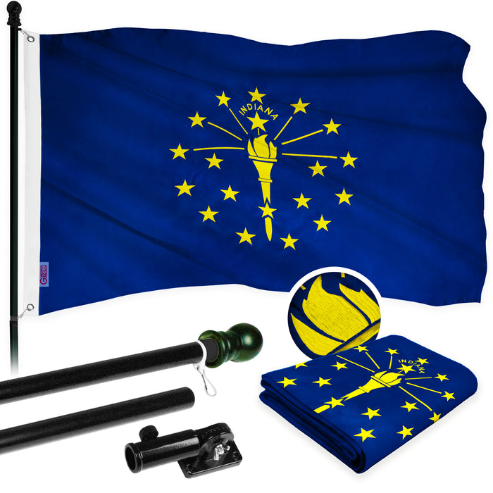 G128 Combo Pack: 5 Ft Tangle Free Aluminum Spinning Flagpole (Black) & Indiana IN State Flag 2x3 Ft, ToughWeave Series Embroidered 300D Polyester | Pole with Flag Included