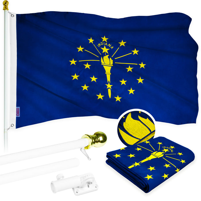 G128 Combo Pack: 5 Ft Tangle Free Aluminum Spinning Flagpole (White) & Indiana IN  2x3 Ft, ToughWeave Series Embroidered 300D Polyester | Pole with Flag Included