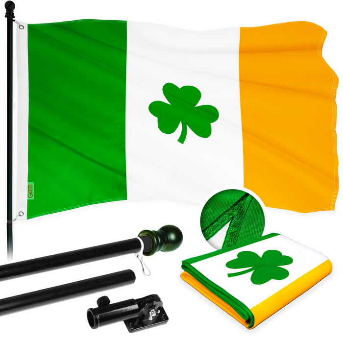 G128 - 6 Feet Tangle Free Spinning Flagpole (Black) Ireland SHAMROCK Flag Brass Grommets Embroidered 3x5 ft (Flag Included) Aluminum Flag Pole