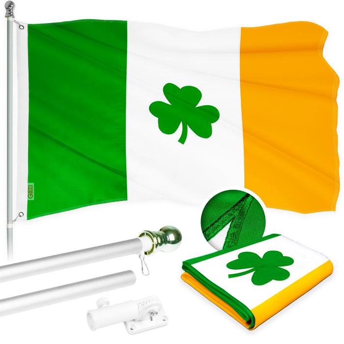 G128 Combo Pack: 5 Ft Tangle Free Aluminum Spinning Flagpole (Silver) & Ireland Irish Shamrock Flag 2x3 Ft, ToughWeave Series Embroidered 300D Polyester | Pole with Flag Included