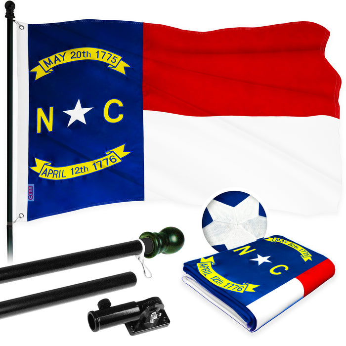 G128 Combo Pack: 5 Ft Tangle Free Aluminum Spinning Flagpole (Black) & North Carolina  2x3 Ft, ToughWeave Series Embroidered 300D Polyester | Pole with Flag Included