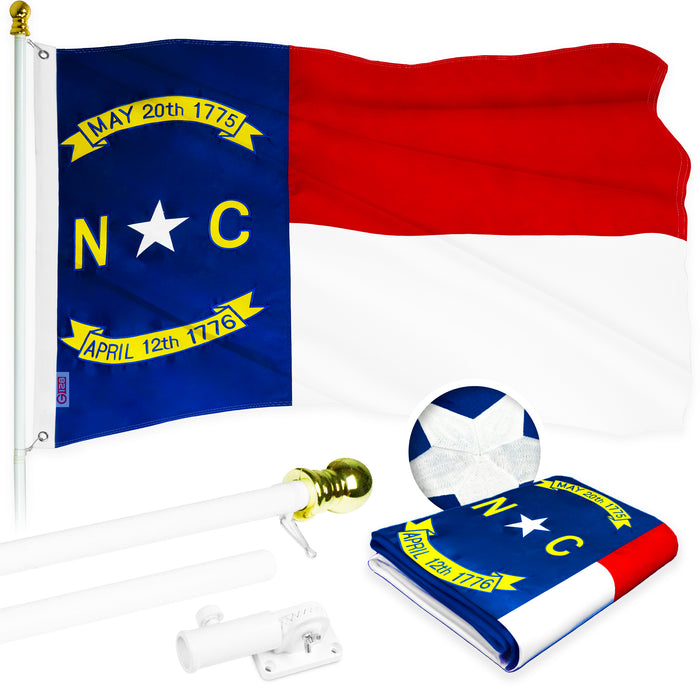 G128 Combo Pack: 5 Ft Tangle Free Aluminum Spinning Flagpole (White) & North Carolina  2x3 Ft, ToughWeave Series Embroidered 300D Polyester | Pole with Flag Included