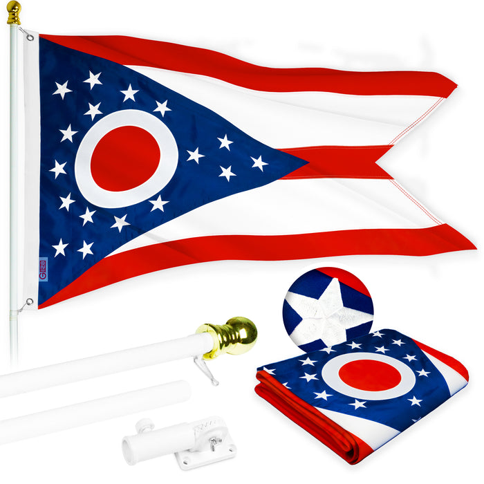 G128 Combo Pack: 5 Ft Tangle Free Aluminum Spinning Flagpole (White) & Ohio OH State Flag 2.5x4 Ft, ToughWeave Series Embroidered 300D Polyester | Pole with Flag Included