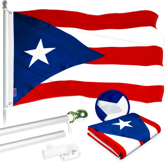 G128 Combo Pack: 5 Ft Tangle Free Aluminum Spinning Flagpole (Silver) & Puerto Rico Puerto Rican Flag 2.5x4 Ft, ToughWeave Series Embroidered 300D Polyester | Pole with Flag Included
