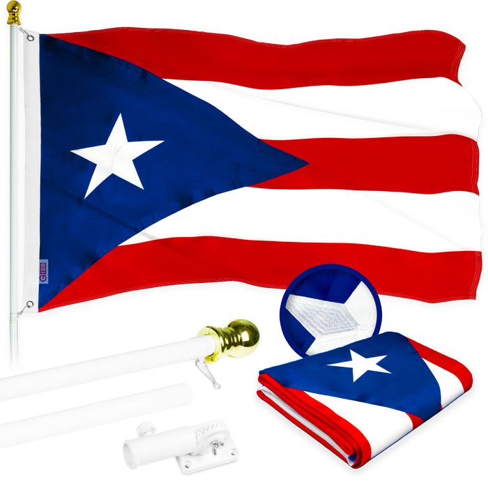 G128 - 6 Feet Tangle Free Spinning Flagpole (White) Puerto Rico Flag Brass Grommets Embroidered 3x5 ft (Flag Included) Aluminum Flag Pole