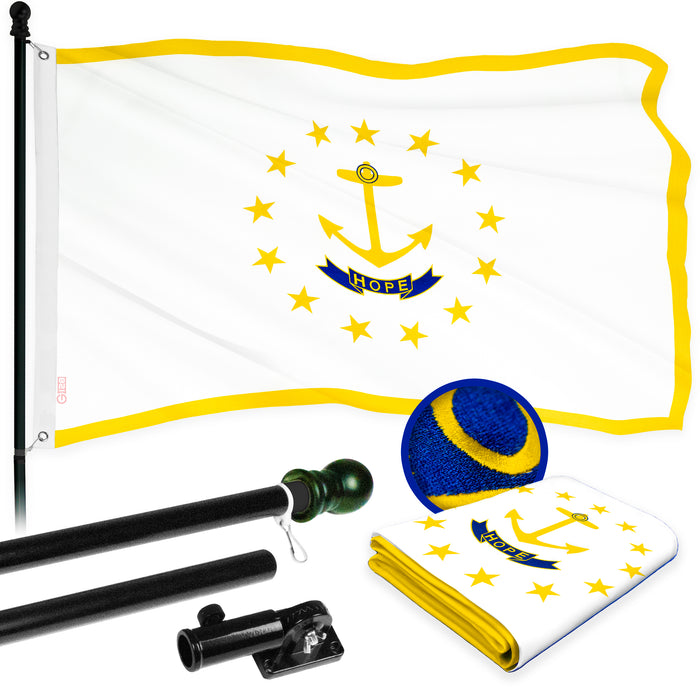 G128 Combo Pack: 5 Ft Tangle Free Aluminum Spinning Flagpole (Black) & Rhode Island RI State Flag 2.5x4 Ft, ToughWeave Series Embroidered 300D Polyester | Pole with Flag Included
