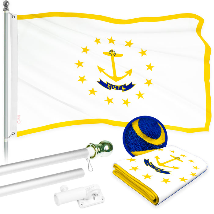 G128 Combo Pack: 5 Ft Tangle Free Aluminum Spinning Flagpole (Silver) & Rhode Island RI State Flag 2.5x4 Ft, ToughWeave Series Embroidered 300D Polyester | Pole with Flag Included
