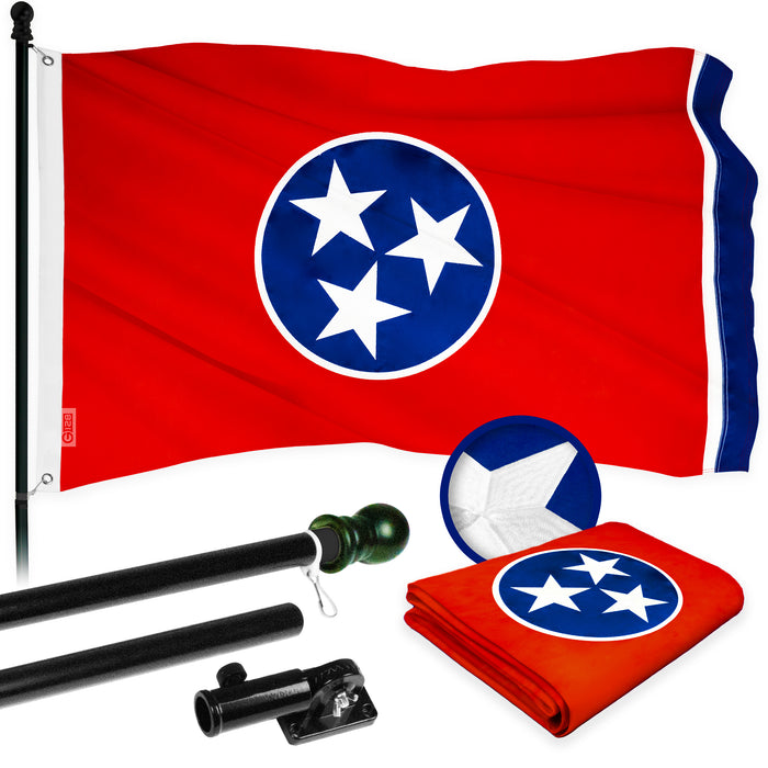 G128 Combo Pack: 5 Ft Tangle Free Aluminum Spinning Flagpole (Black) & Tennessee TN  2.5x4 Ft, ToughWeave Series Embroidered 300D Polyester | Pole with Flag Included