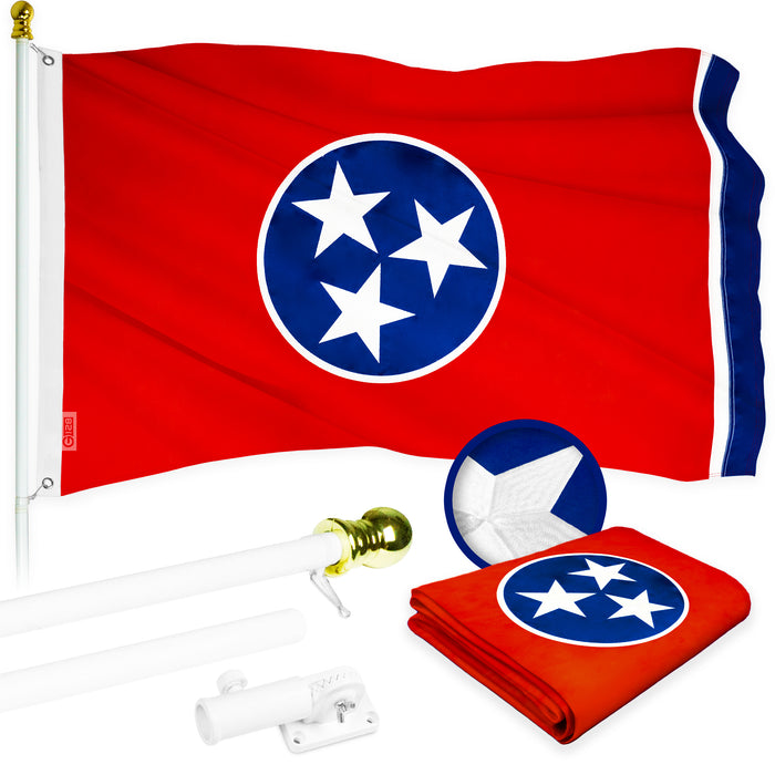 G128 Combo Pack: 5 Ft Tangle Free Aluminum Spinning Flagpole (White) & Tennessee TN  2x3 Ft, ToughWeave Series Embroidered 300D Polyester | Pole with Flag Included