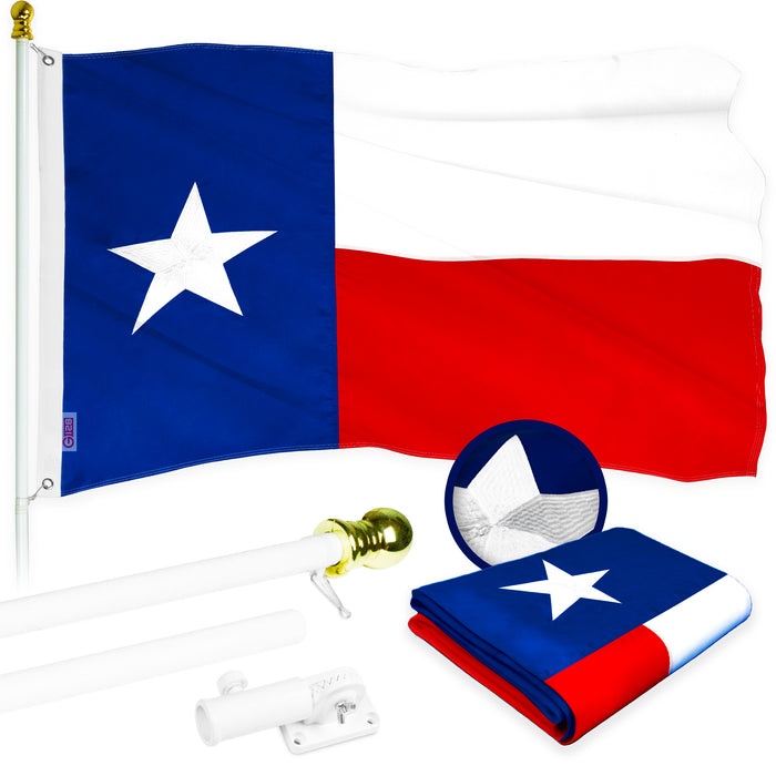 G128 - 6 Feet Tangle Free Spinning Flagpole (White) Texas Flag Brass Grommets Embroidered 3x5 ft (Flag Included) Aluminum Flag Pole