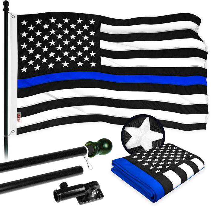G128 - 6 Feet Tangle Free Spinning Flagpole (Black) Thin Blue Flag Brass Grommets Embroidered 3x5 ft (Flag Included) Aluminum Flag Pole