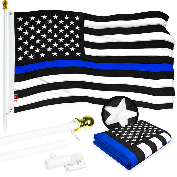 G128 - 5 Feet Tangle Free Spinning Flagpole (White) Thin Blue Line Flag Brass Grommets Embroidered 2x3 ft (Flag Included) Aluminum Flag Pole