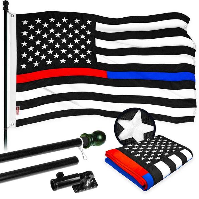 G128 - 5 Feet Tangle Free Spinning Flagpole (Black) Thin Blue&Red Line Flag Brass Grommets Embroidered 2x3 ft (Flag Included) Aluminum Flag Pole