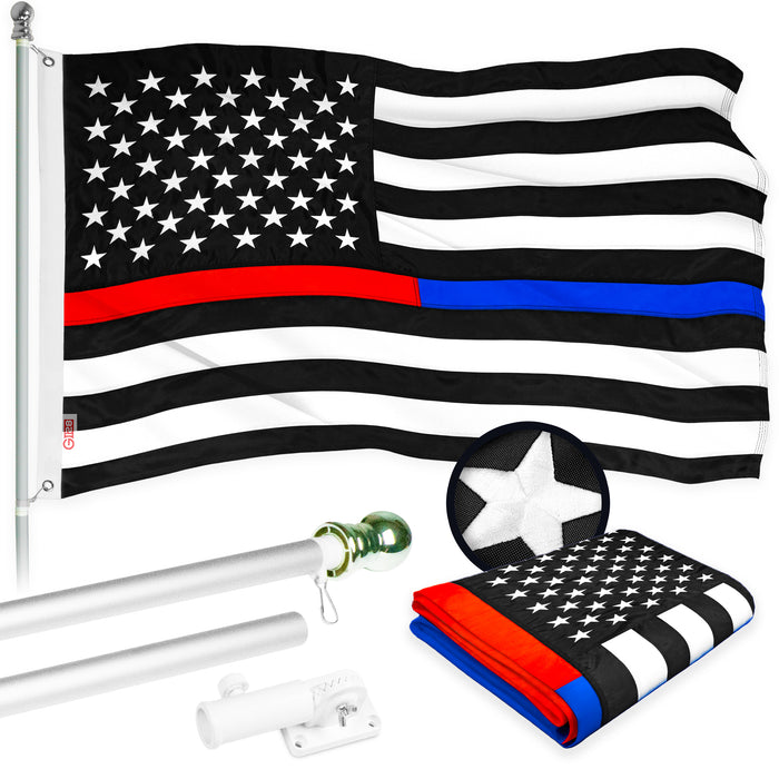 G128 - 5 Feet Tangle Free Spinning Flagpole (Silver) Thin Blue&Red Line Flag Brass Grommets Embroidered 2x3 ft (Flag Included) Aluminum Flag Pole