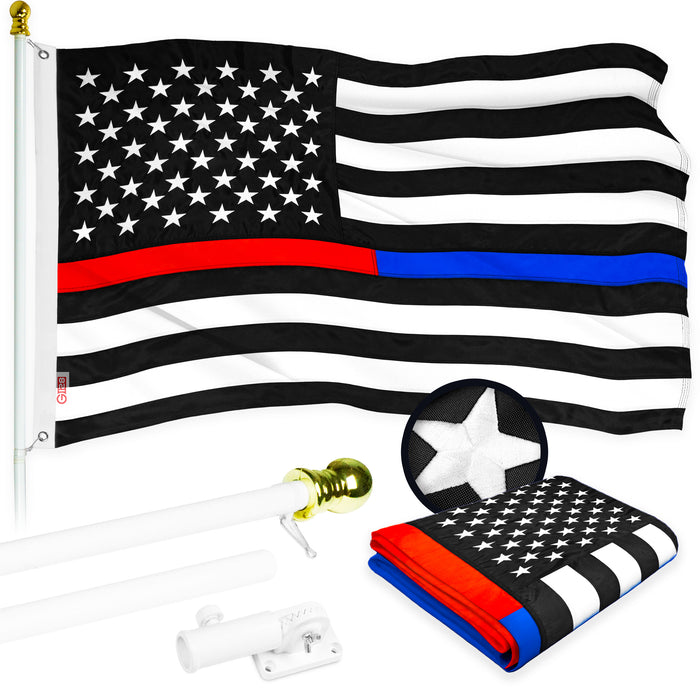 G128 - 5 Feet Tangle Free Spinning Flagpole (White) Thin Blue&Red Line Flag Brass Grommets Embroidered 2x3 ft (Flag Included) Aluminum Flag Pole