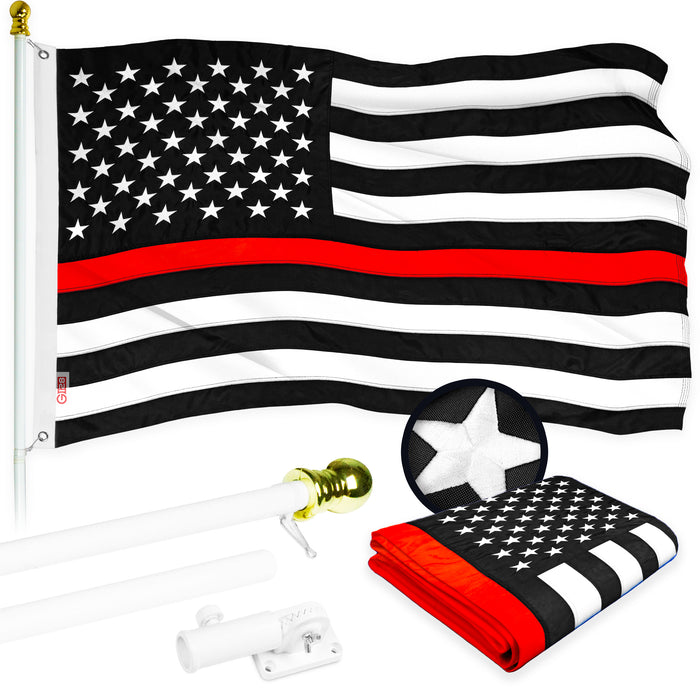 G128 - 5 Feet Tangle Free Spinning Flagpole (White) Thin Red Line Flag Brass Grommets Embroidered 2x3 ft (Flag Included) Aluminum Flag Pole