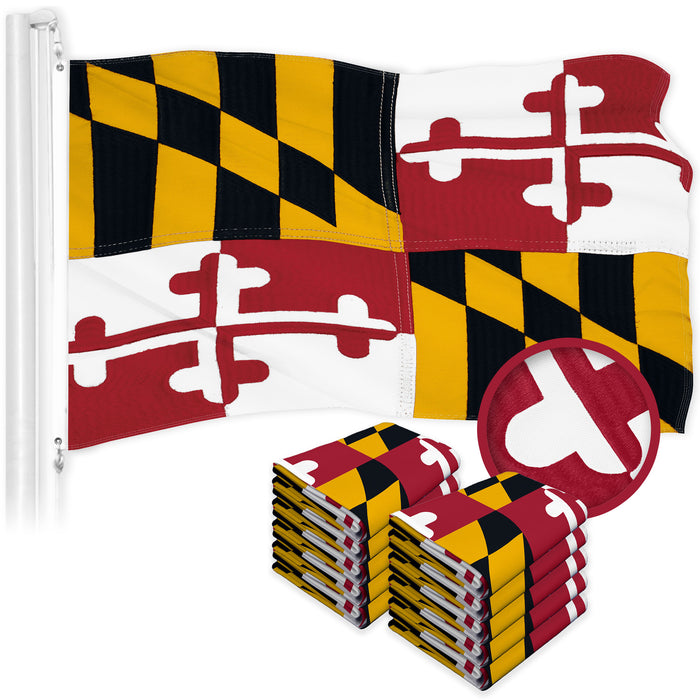 G128 10 Pack: Maryland MD State Flag | 1x1.5 Ft | ToughWeave Series Embroidered 300D Polyester | Embroidered Design, Indoor/Outdoor, Brass Grommets