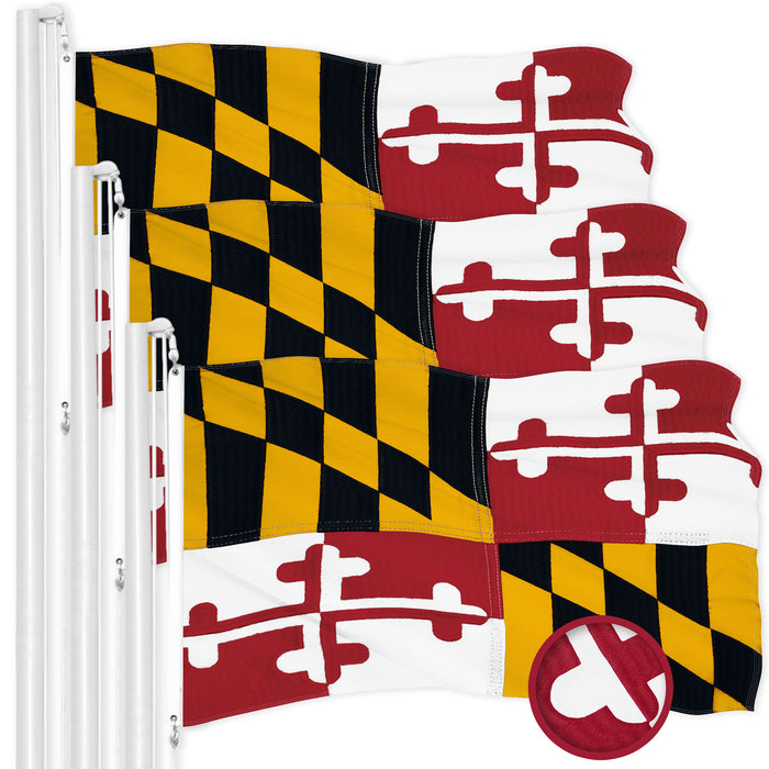 G128 3 Pack: Maryland MD State Flag | 1x1.5 Ft | ToughWeave Series Embroidered 300D Polyester | Embroidered Design, Indoor/Outdoor, Brass Grommets