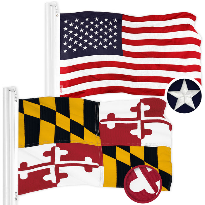 G128 Combo Pack: American USA Flag 1x1.5 Ft & Maryland MD State Flag 1x1.5 Ft | Both ToughWeave Series Embroidered 300D Polyester, Embroidered Design, Indoor/Outdoor, Brass Grommets