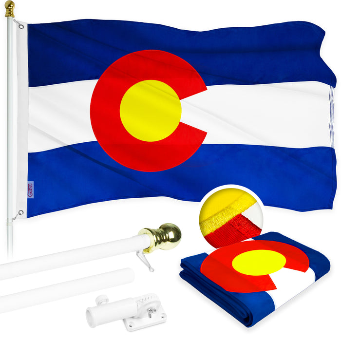 G128 Combo Pack: 5 Ft Tangle Free Aluminum Spinning Flagpole (White) & Colorado CO  2x3 Ft, ToughWeave Series Embroidered 300D Polyester | Pole with Flag Included