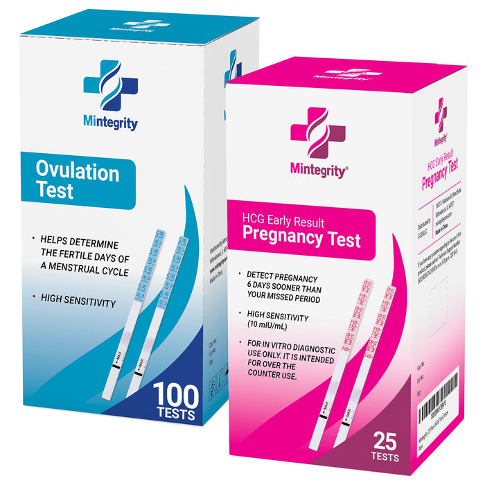 Mintegrity - 100 Ovulation Test Strips and 25 Early Detection Pregnancy Test Strips Combo Kit, (100 LH + 25 HCG), Easy To Use At Home