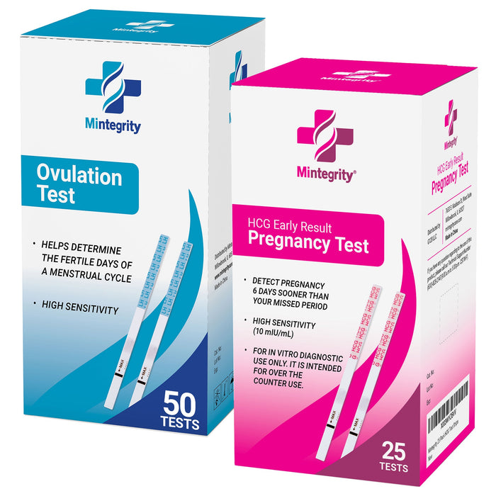 Mintegrity - 50 Ovulation Test Strips and 25 Early Detection Pregnancy Test Strips Combo Kit, (50 LH + 25 HCG), Easy To Use At Home