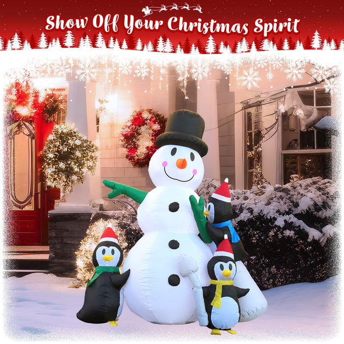 G128 8 ft H Snowman with Three Penguins Christmas Inflatable Decor with LED Lights, Christmas Outdoor Holiday Yard Decoration, Fast Inflate, Weather-Resistant, Outdoor Use