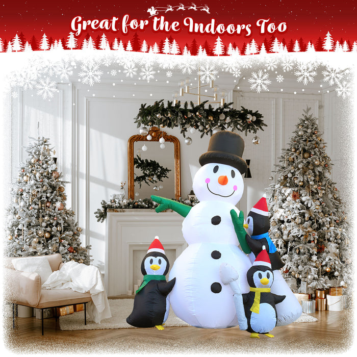 G128 8 ft H Snowman with Three Penguins Christmas Inflatable Decor with LED Lights, Christmas Outdoor Holiday Yard Decoration, Fast Inflate, Weather-Resistant, Outdoor Use