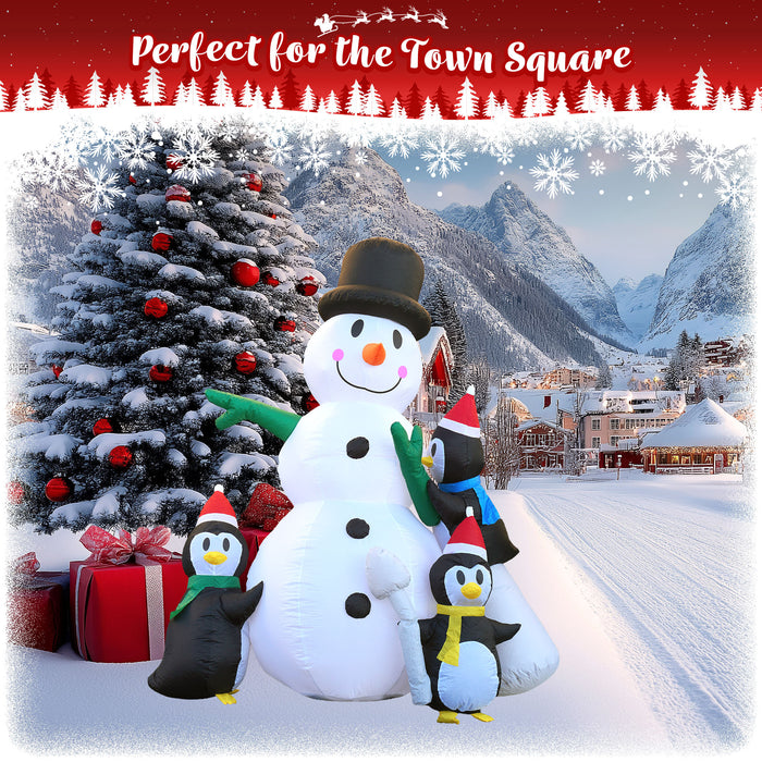 G128 8 ft H Snowman with Three Penguins Christmas Inflatable Decor with LED Lights, Christmas Outdoor Holiday Yard Decoration, Fast Inflate, Weather-Resistant, Outdoor Use