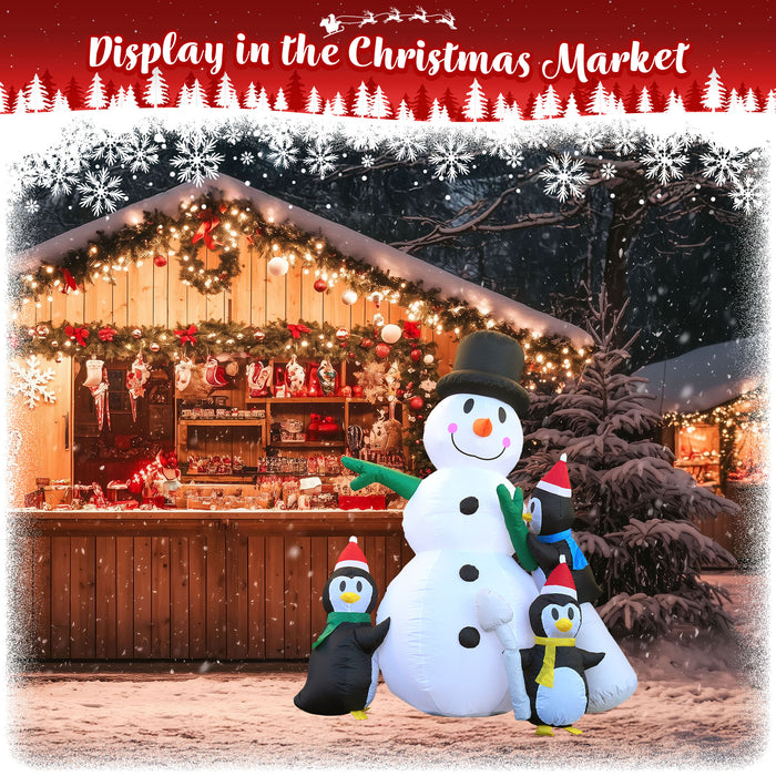 G128 8 ft H Snowman with Three Penguins Christmas Inflatable Decor with LED Lights, Christmas Outdoor Holiday Yard Decoration, Fast Inflate, Weather-Resistant, Outdoor Use