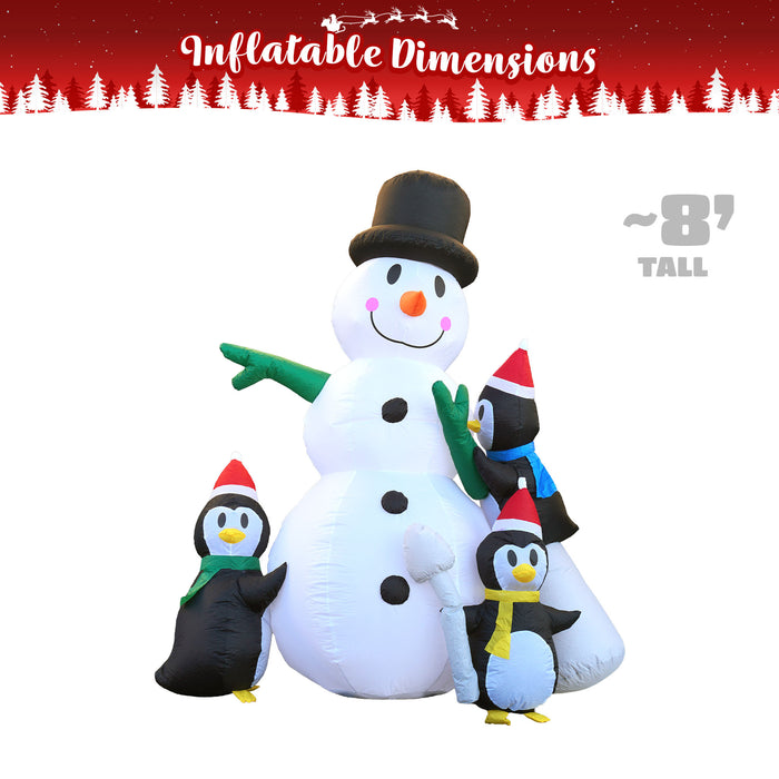 G128 8 ft H Snowman with Three Penguins Christmas Inflatable Decor with LED Lights, Christmas Outdoor Holiday Yard Decoration, Fast Inflate, Weather-Resistant, Outdoor Use