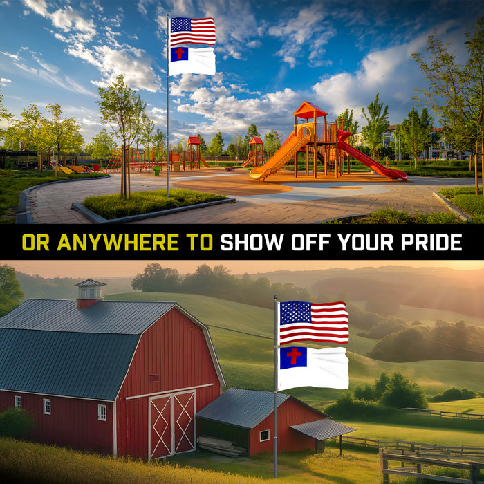 G128 Combo Pack: 25 Ft Telescoping Aluminum Flagpole (Black) & American and Christian Flags 3x5 Ft, Both ToughWeave Series Embroidered Polyester | Pole with Flags Included