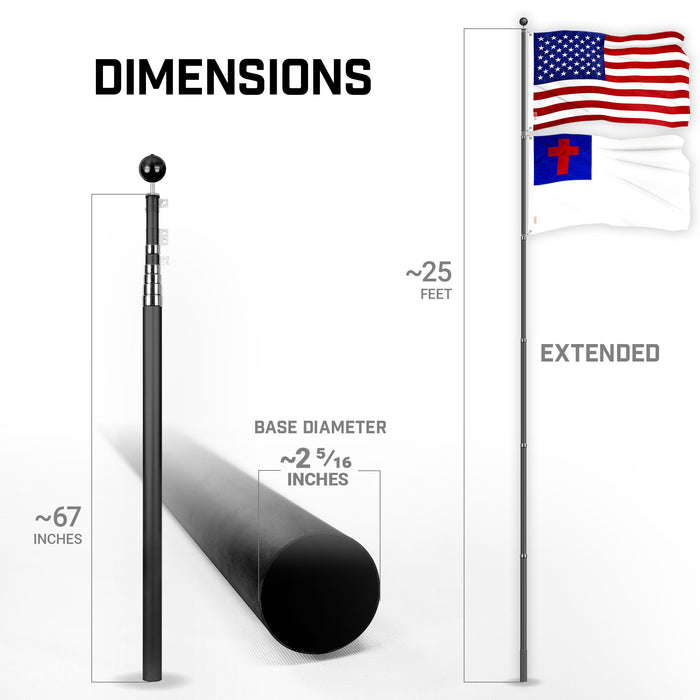 G128 Combo Pack: 25 Ft Telescoping Aluminum Flagpole (Black) & American and Christian Flags 3x5 Ft, Both ToughWeave Series Embroidered Polyester | Pole with Flags Included