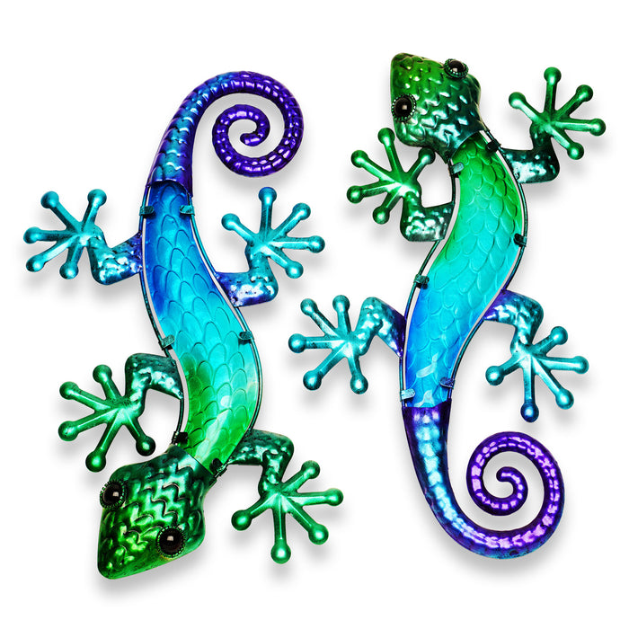 G128 Lizard Gecko Metal Wall Art Set | Green Blue Gecko Lizard Metal Indoor Outdoor Wall Art Hanging Decor for Bedroom, Living Room, Garden, Patio