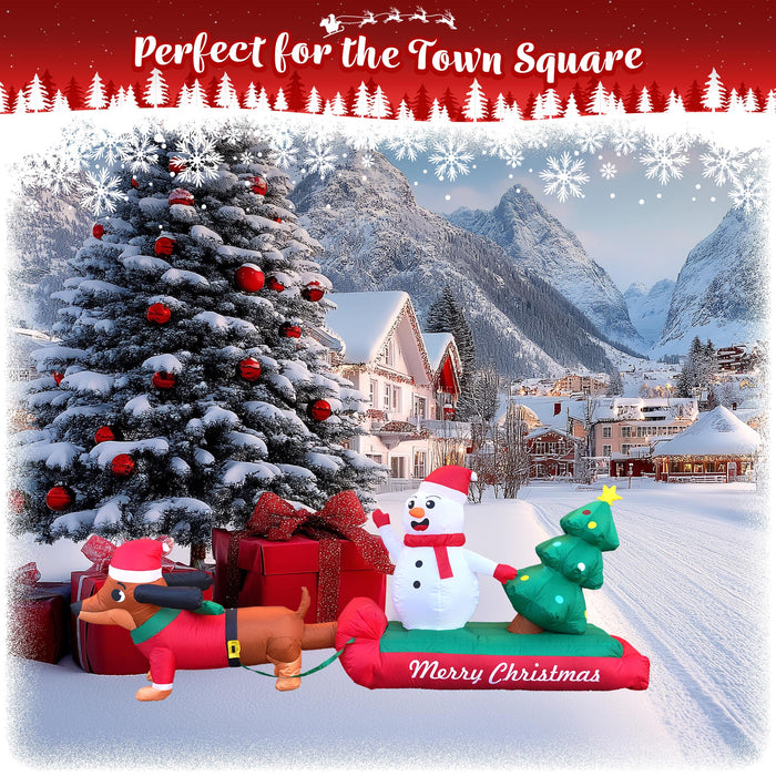 G128 10 ft L Dachshund Snowman with Christmas Tree Inflatable Decor with LED Lights, Christmas Outdoor Holiday Yard Decoration, Fast Inflate, Weather-Resistant, Outdoor Use