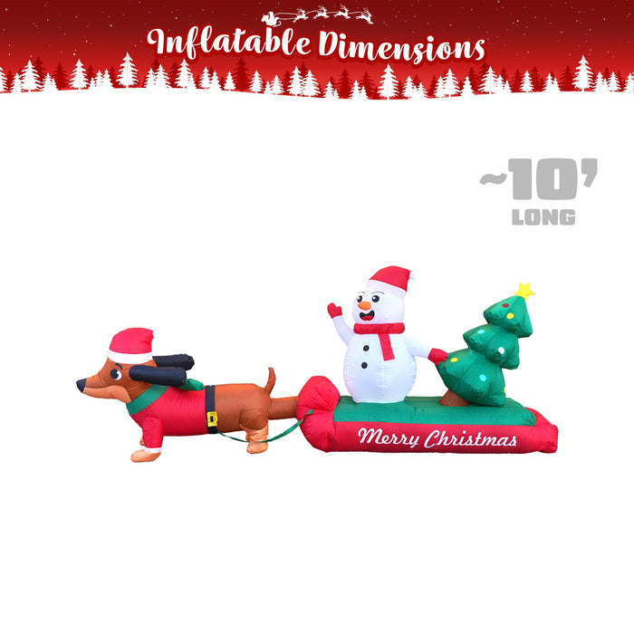 G128 10 ft L Dachshund Snowman with Christmas Tree Inflatable Decor with LED Lights, Christmas Outdoor Holiday Yard Decoration, Fast Inflate, Weather-Resistant, Outdoor Use
