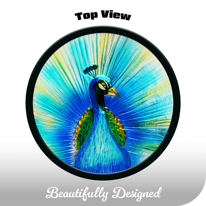 G128 12 in Round Glass Outdoor Side Table Peacock Pattern | Decorative Plant Stand, Small End Table for Garden Patio Porch Living Room