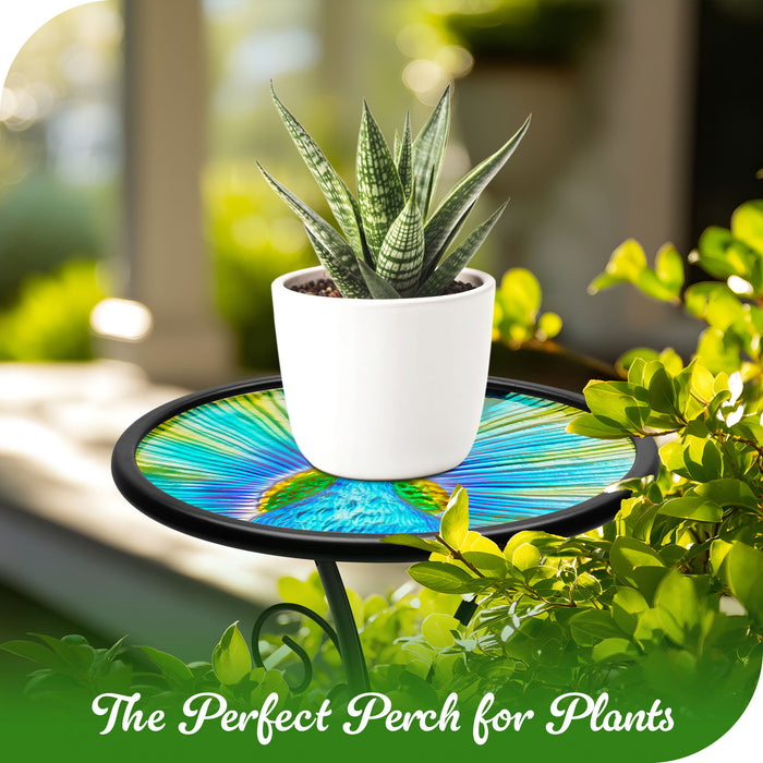 G128 12 in Round Glass Outdoor Side Table Peacock Pattern | Decorative Plant Stand, Small End Table for Garden Patio Porch Living Room