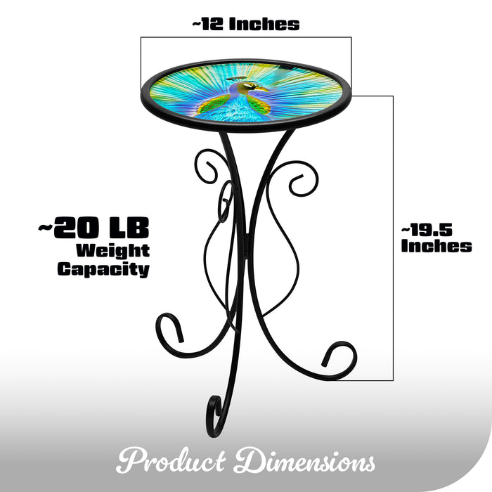 G128 12 in Round Glass Outdoor Side Table Peacock Pattern | Decorative Plant Stand, Small End Table for Garden Patio Porch Living Room