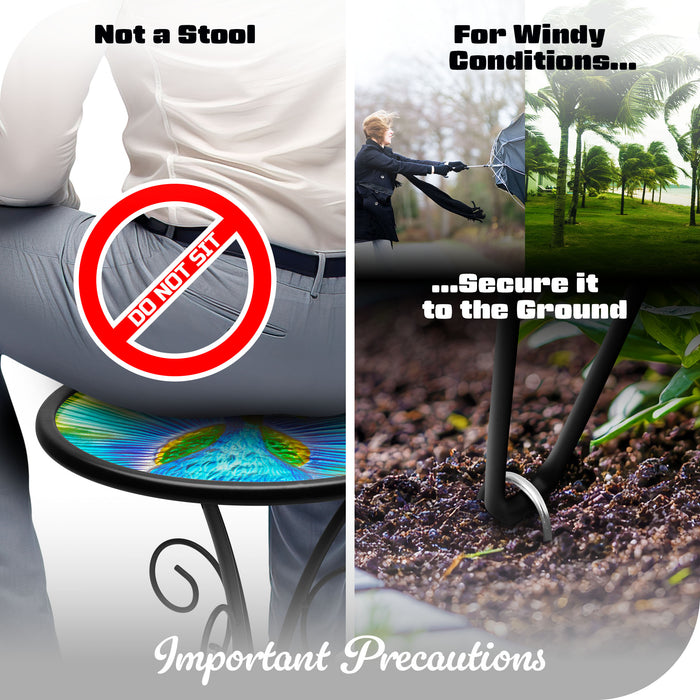 G128 12 in Round Glass Outdoor Side Table Peacock Pattern | Decorative Plant Stand, Small End Table for Garden Patio Porch Living Room
