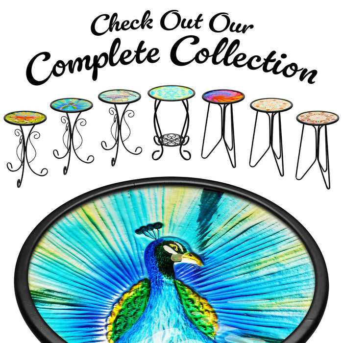 G128 12 in Round Glass Outdoor Side Table Peacock Pattern | Decorative Plant Stand, Small End Table for Garden Patio Porch Living Room