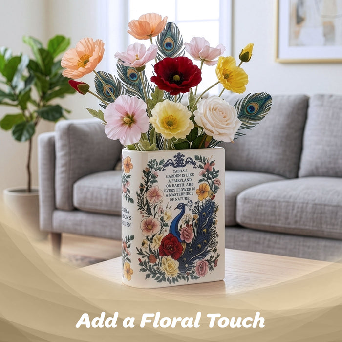 G128 Book-Shaped Decorative Vase Peacock Pattern | Ceramic Flower Vase Home Decor for Table Desk Office