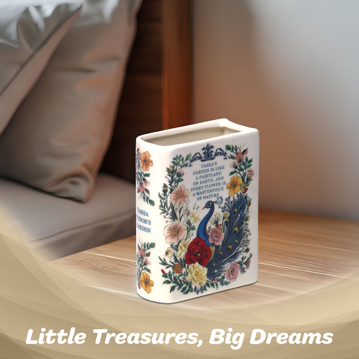 G128 Book-Shaped Decorative Vase Peacock Pattern | Ceramic Flower Vase Home Decor for Table Desk Office