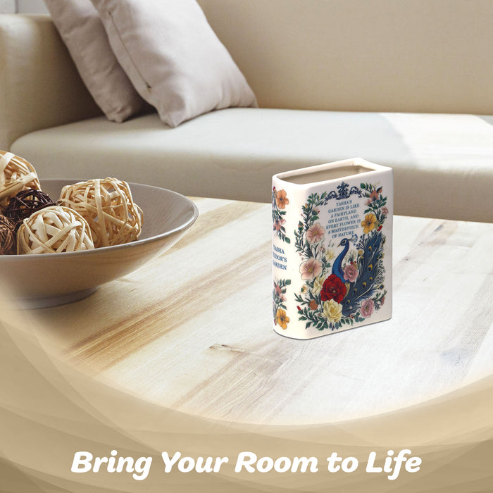 G128 Book-Shaped Decorative Vase Peacock Pattern | Ceramic Flower Vase Home Decor for Table Desk Office