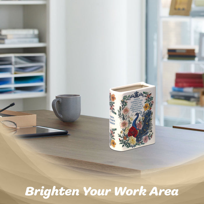 G128 Book-Shaped Decorative Vase Peacock Pattern | Ceramic Flower Vase Home Decor for Table Desk Office